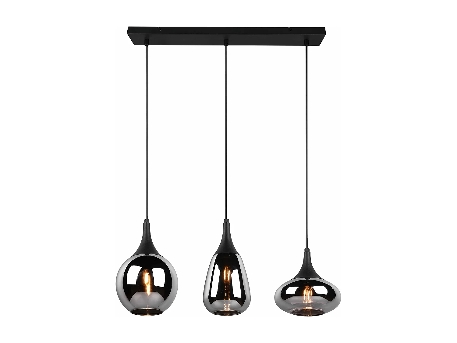 Lampada a sopensione 3 diffusori, metallo, nero e fumé, L 68 cm, Lumina