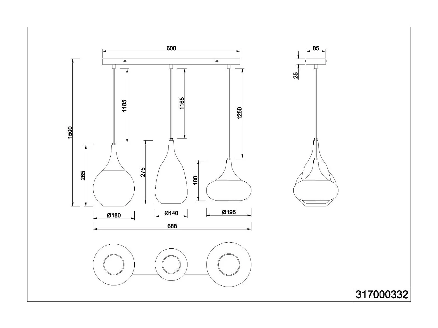Lampada a sopensione 3 diffusori, metallo, nero e fumé, L 68 cm, Lumina