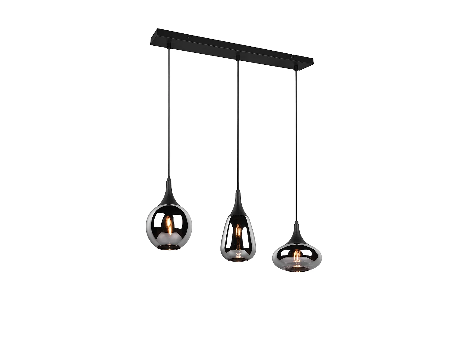 Lampada a sopensione 3 diffusori, metallo, nero e fumé, L 68 cm, Lumina