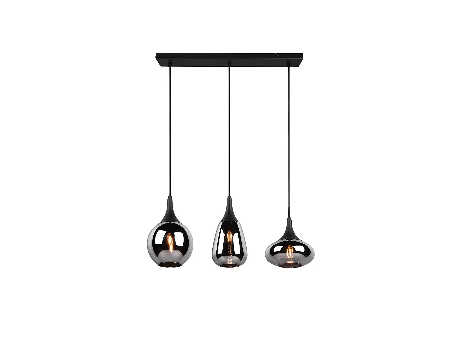 Lampada a sopensione 3 diffusori, metallo, nero e fumé, L 68 cm, Lumina