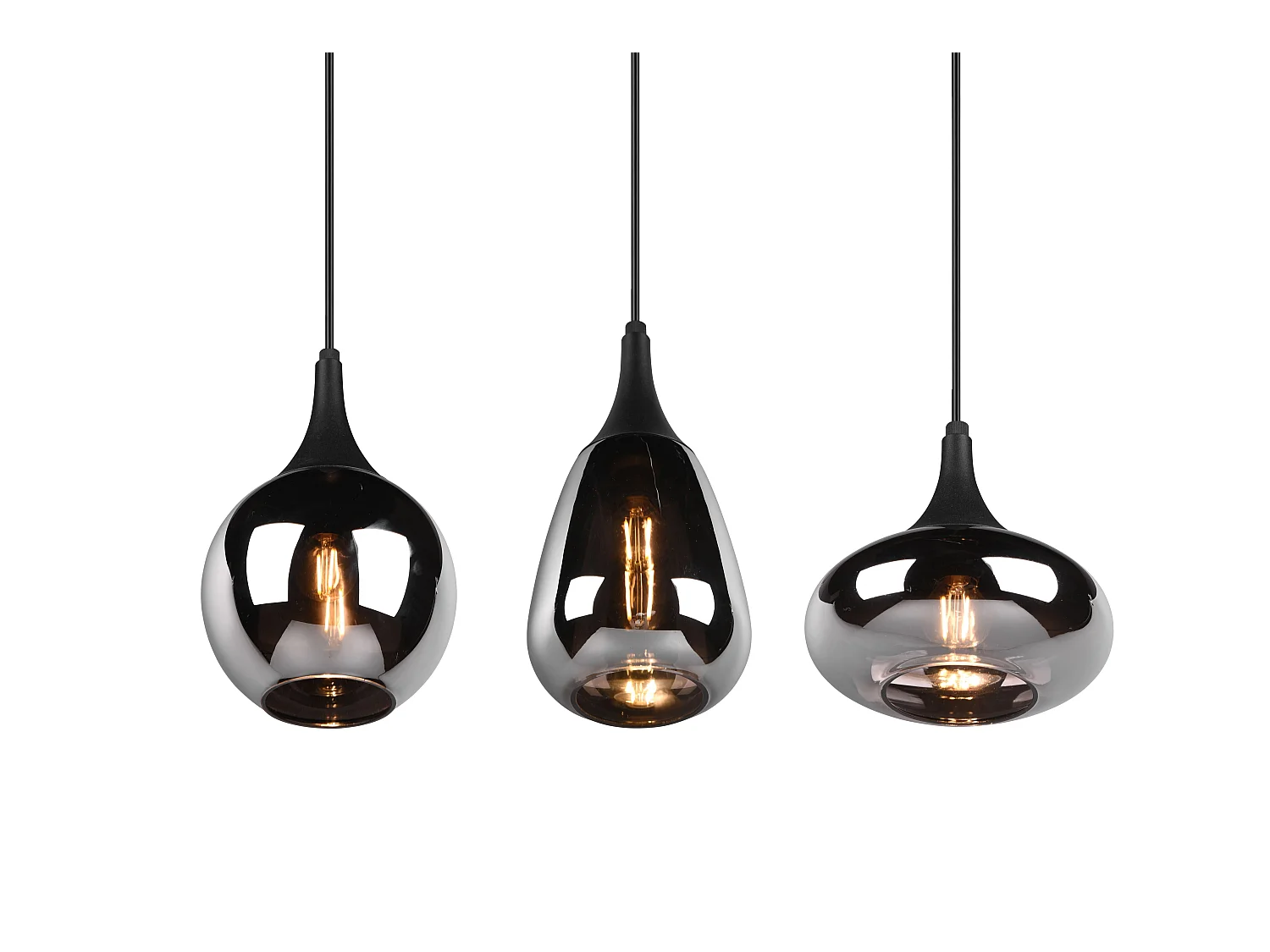 Lampada a sopensione 3 diffusori, metallo, nero e fumé, L 68 cm, Lumina