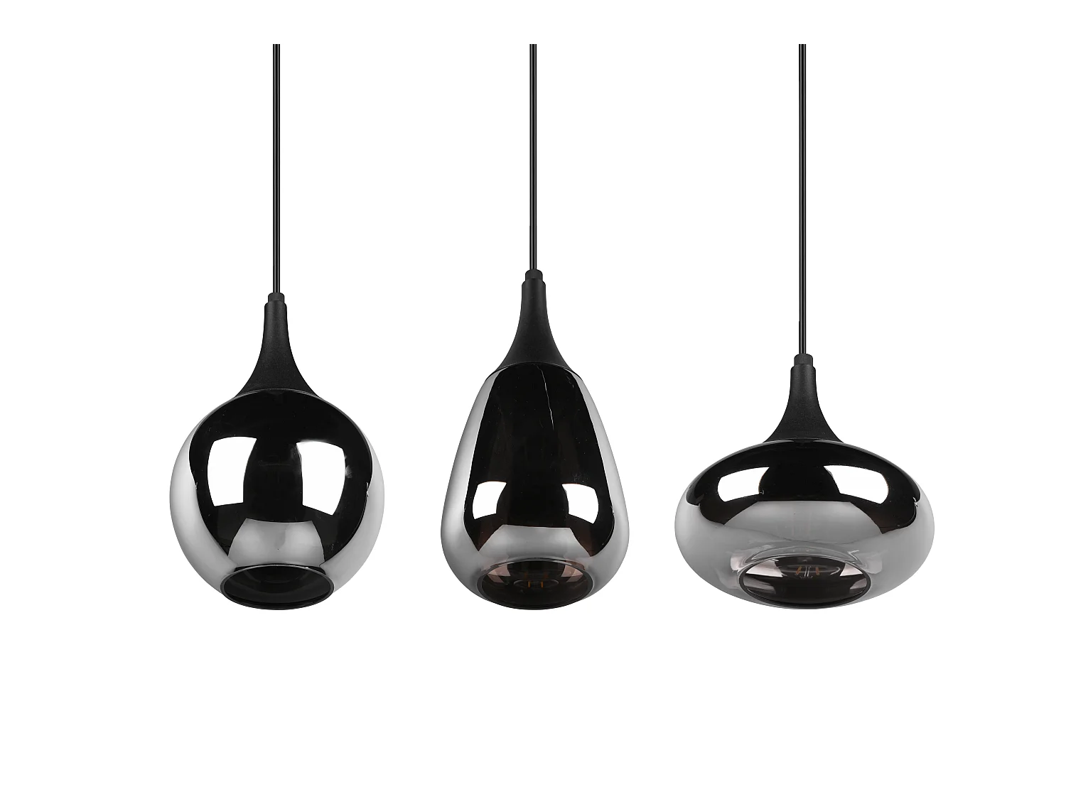 Lampada a sopensione 3 diffusori, metallo, nero e fumé, L 68 cm, Lumina