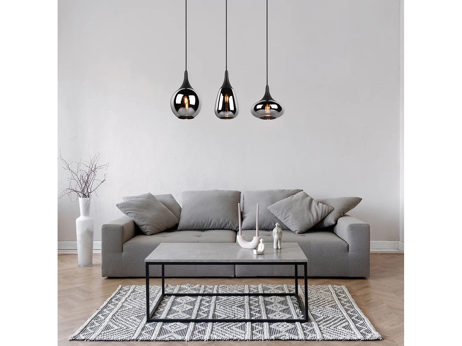 Lampada a sopensione 3 diffusori, metallo, nero e fumé, L 68 cm, Lumina