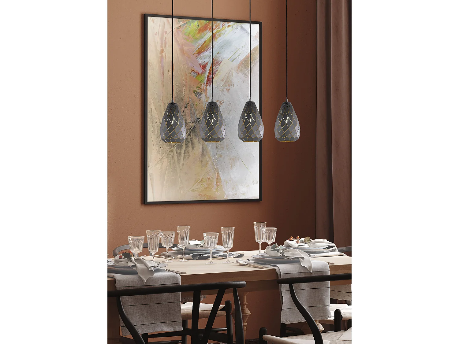 Lampada a sospensione 4 diffusori, metallo, nero e oro, L 90 cm, Onyx