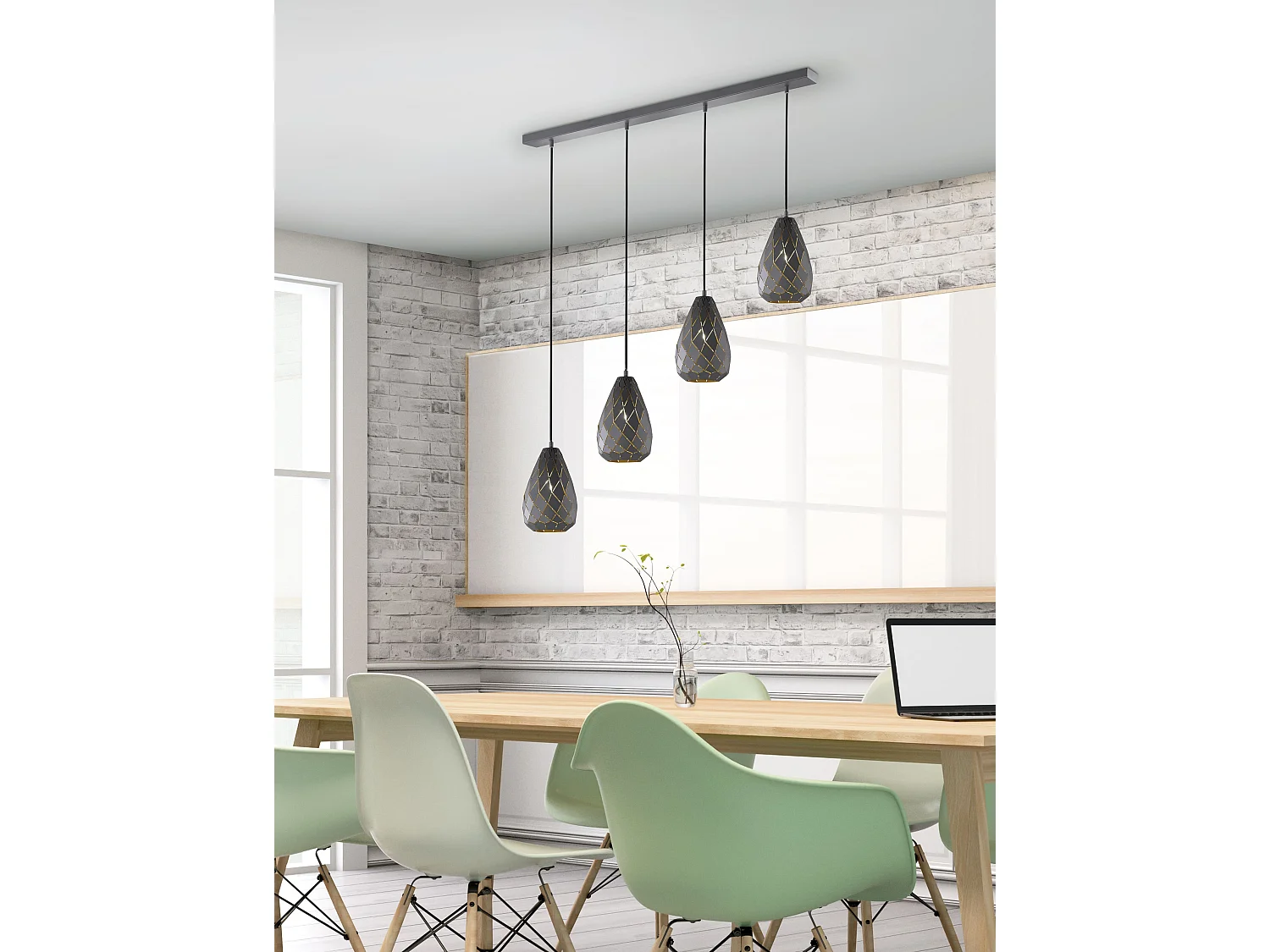 Lampada a sospensione 4 diffusori, metallo, nero e oro, L 90 cm, Onyx