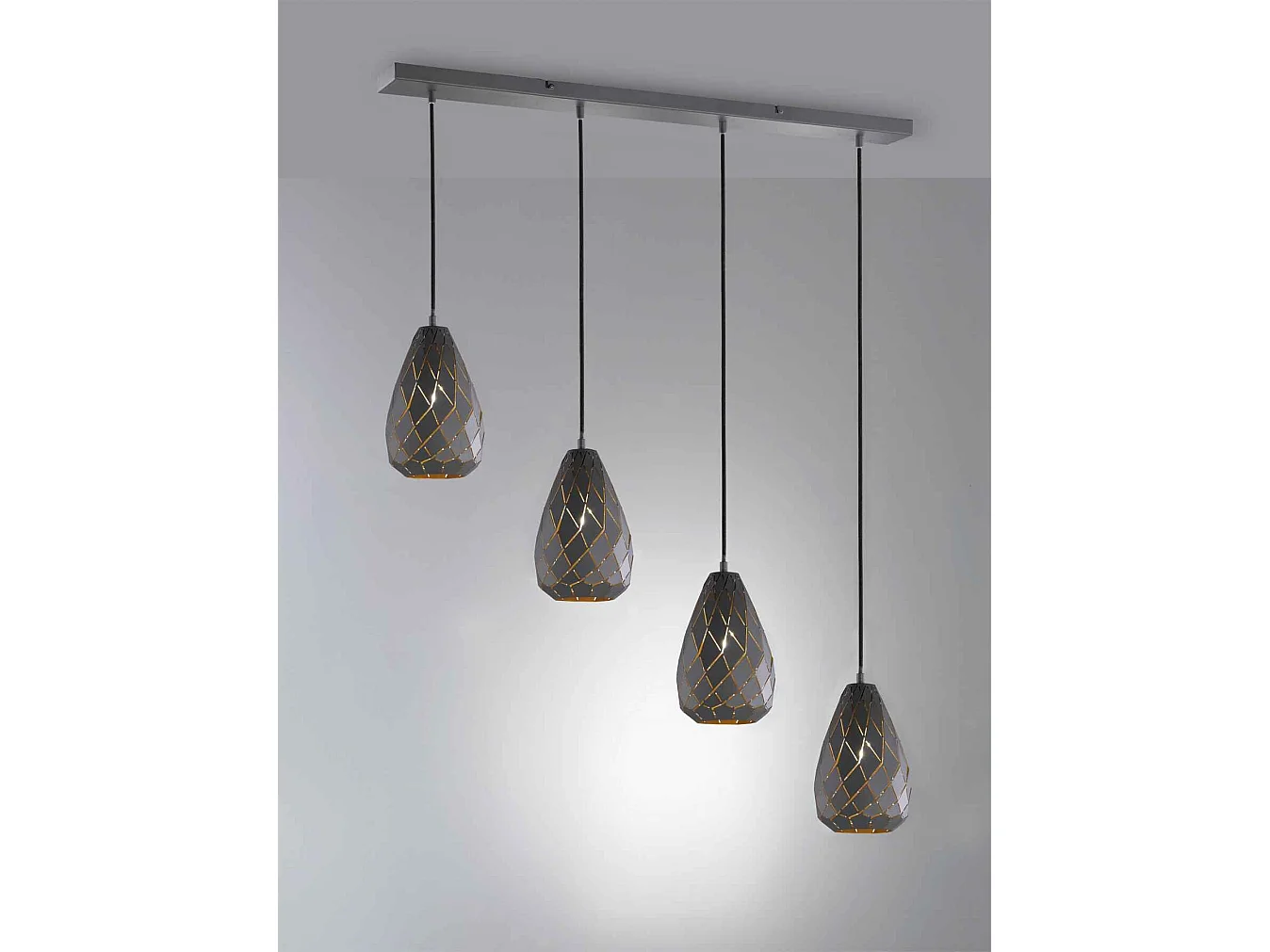 Lampada a sospensione 4 diffusori, metallo, nero e oro, L 90 cm, Onyx