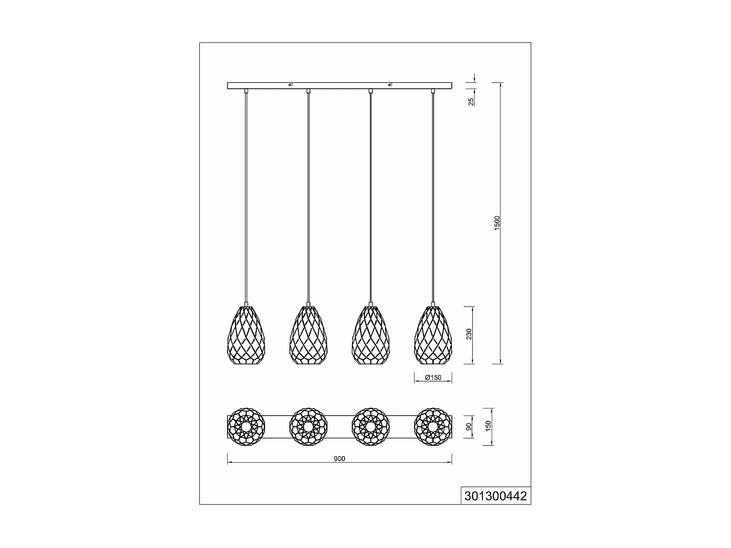 Lampada a sospensione 4 diffusori, metallo, nero e oro, L 90 cm, Onyx
