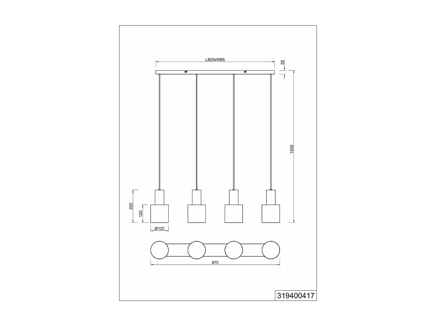 Lampada a sospensione 4 diffusori, metallo, multicolor, 87x150x12 cm, Agudo
