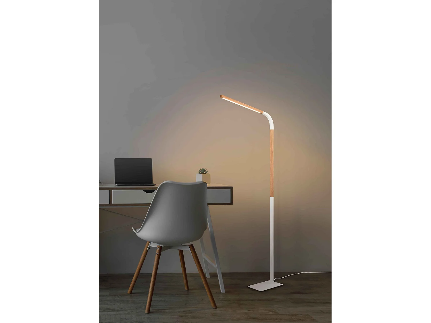 Piantana LED, metallo e legno, bianco e naturale, H 140 cm, Norris