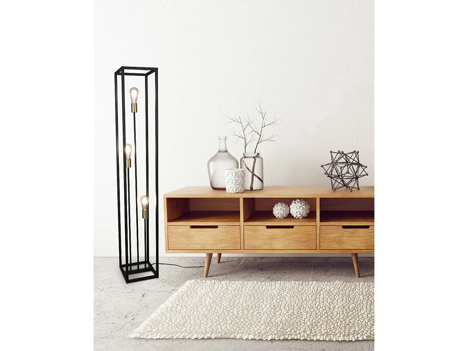 Piantana 3 luci, metallo, nero e ottone anticato, H 153 cm, Vito