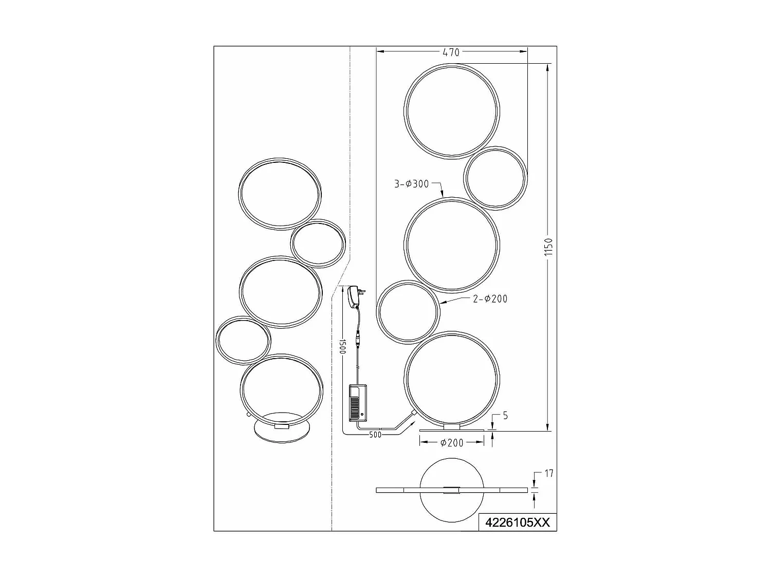 Piantana LED 5 cerchi, metallo, bianco opaco, H 115 cm, Rondo