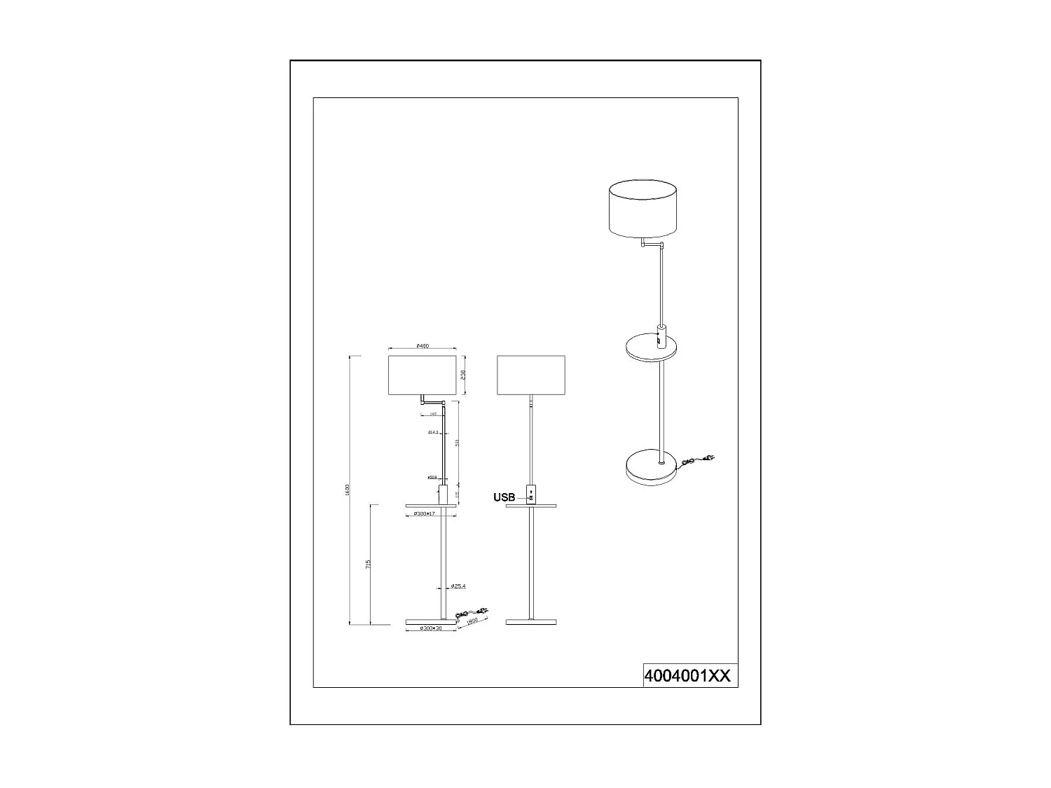 Piantana con mensola e attacco USB, metallo, H 160 cm, Claas