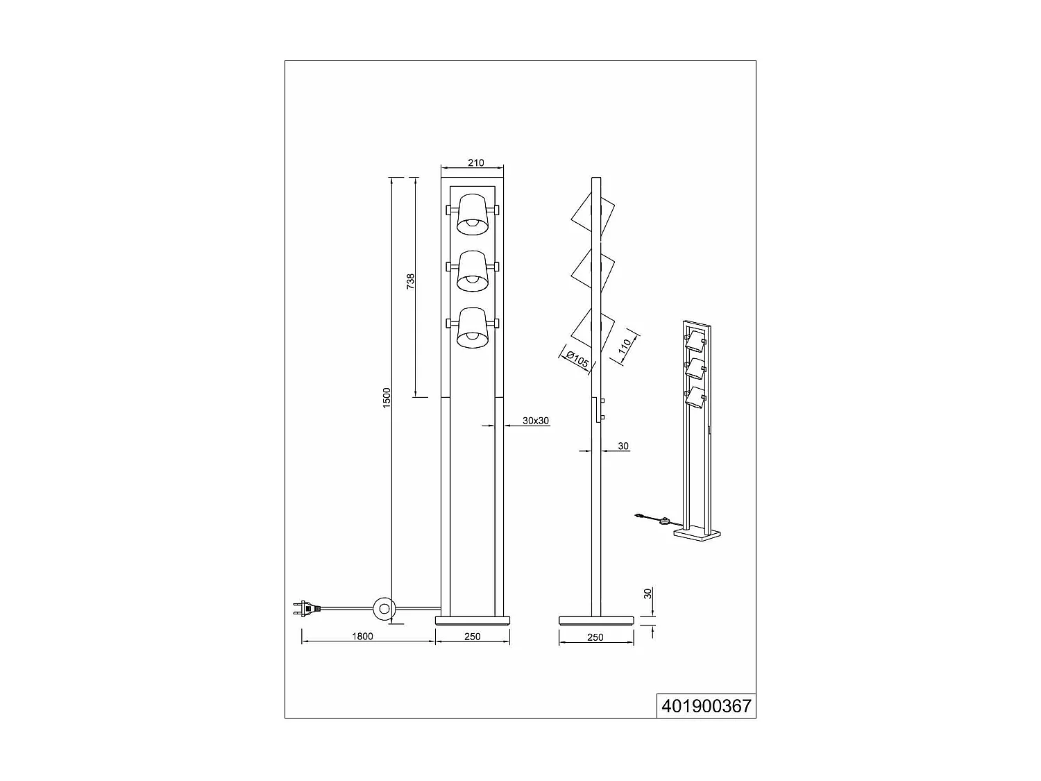 Piantana 3 faretti orientabii, acciaio anticato e oro, H 150 cm, Bell