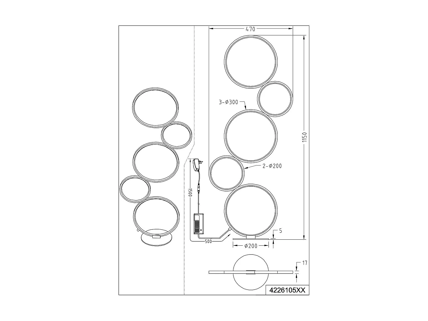 Piantana LED 5 cerchi, metallo, nero opaco, H 115 cm, Rondo