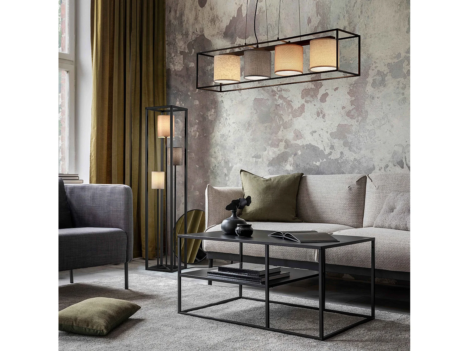 Piantana 3 paralumi, metallo, nero e multicolor, H 153 cm, Ross