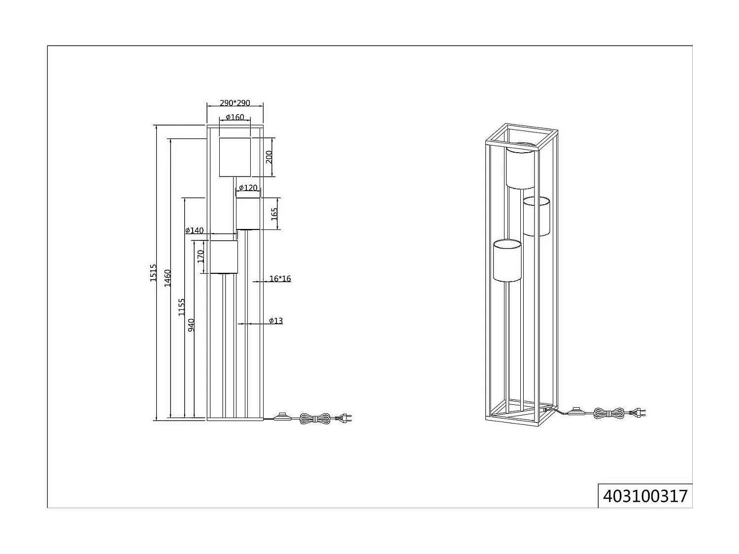 Piantana 3 paralumi, metallo, nero e multicolor, H 153 cm, Ross