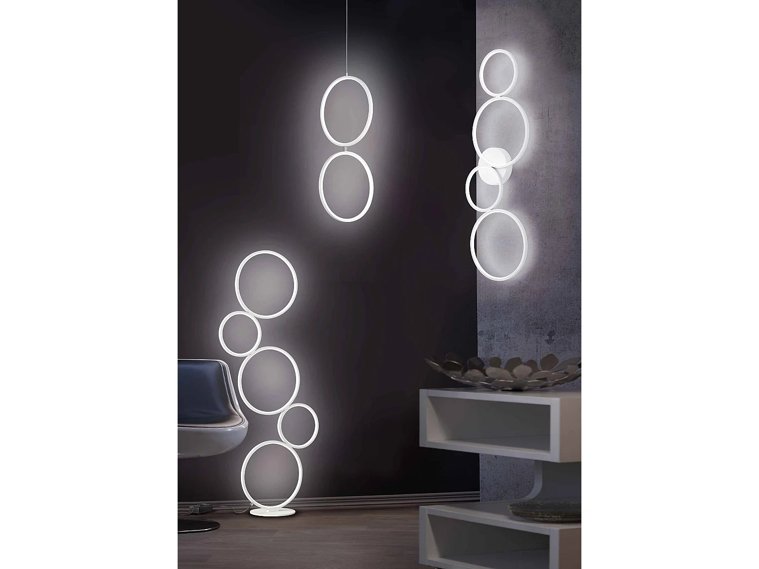 Plafoniera LED 4 cerchi, metallo, bianco opaco, L 97 cm, Rondo