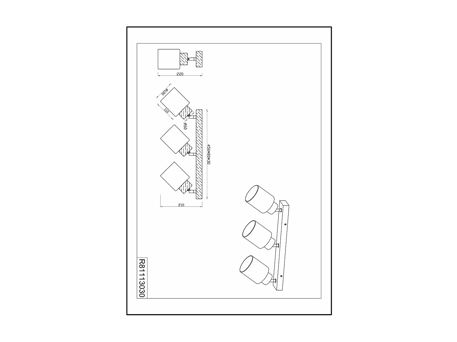 Barra 3 faretti, legno e vetri bianchi, L 45 cm, Assam