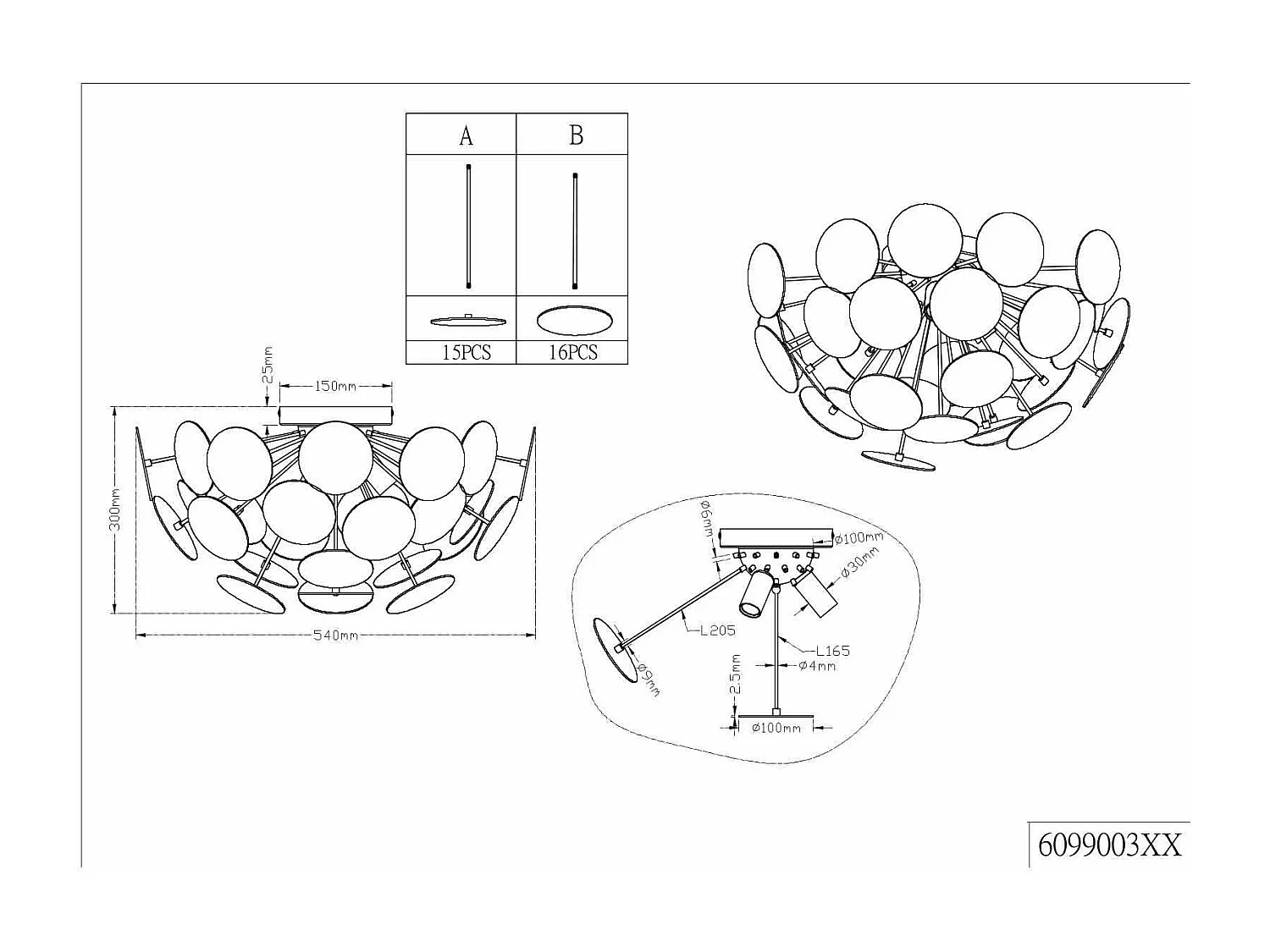 Plafoniera sfera tondi, metallo, nero cromato, D 54 cm, Discalgo