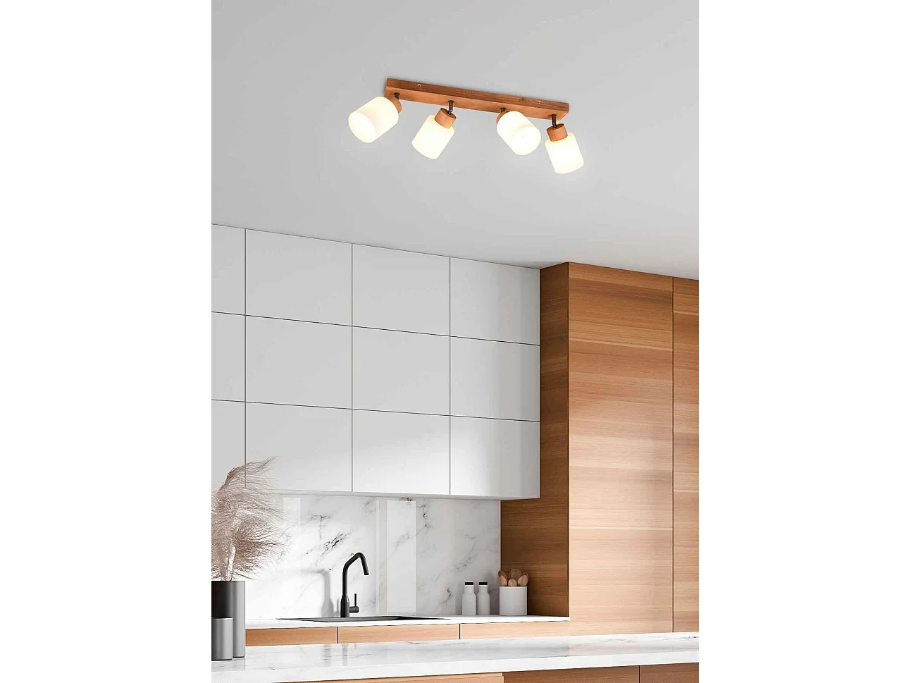 Barra 4 faretti, legno e vetri bianchi, L 60 cm, Assam