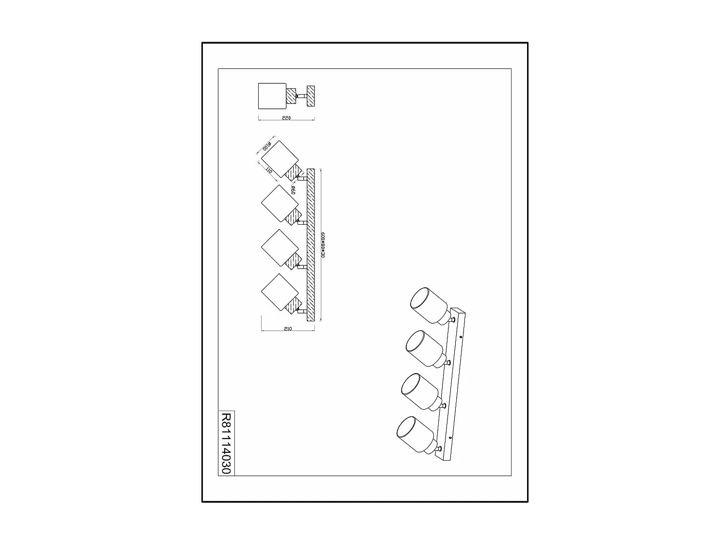 Barra 4 faretti, legno e vetri bianchi, L 60 cm, Assam