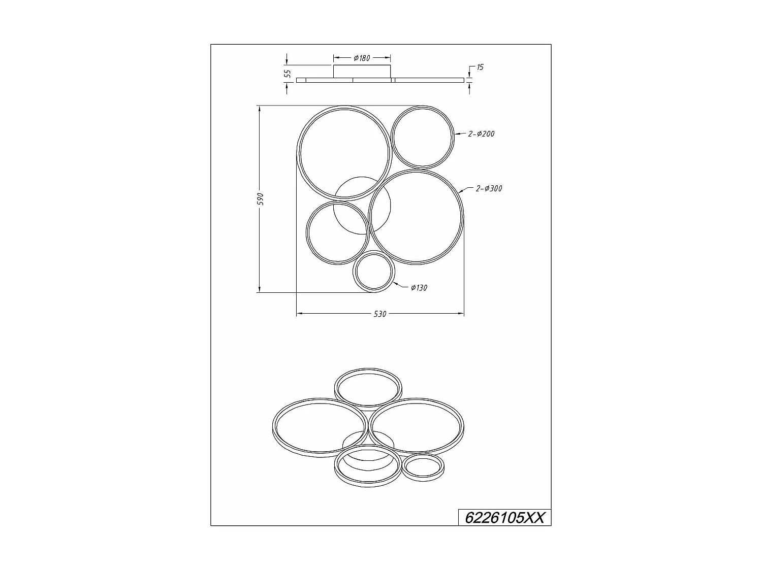 Plafoniera LED 5 cerchi, metallo, nero opaco, L 59 cm, Rondo
