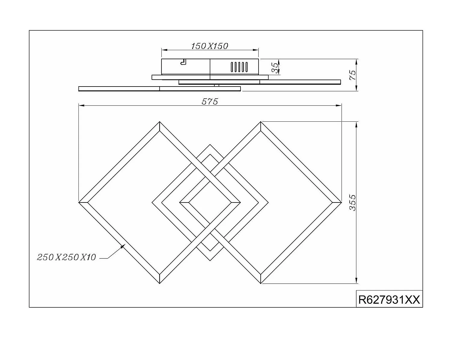 Plafoniera LED doppio quadrato, metallo, alluminio, L 57 cm, Venida