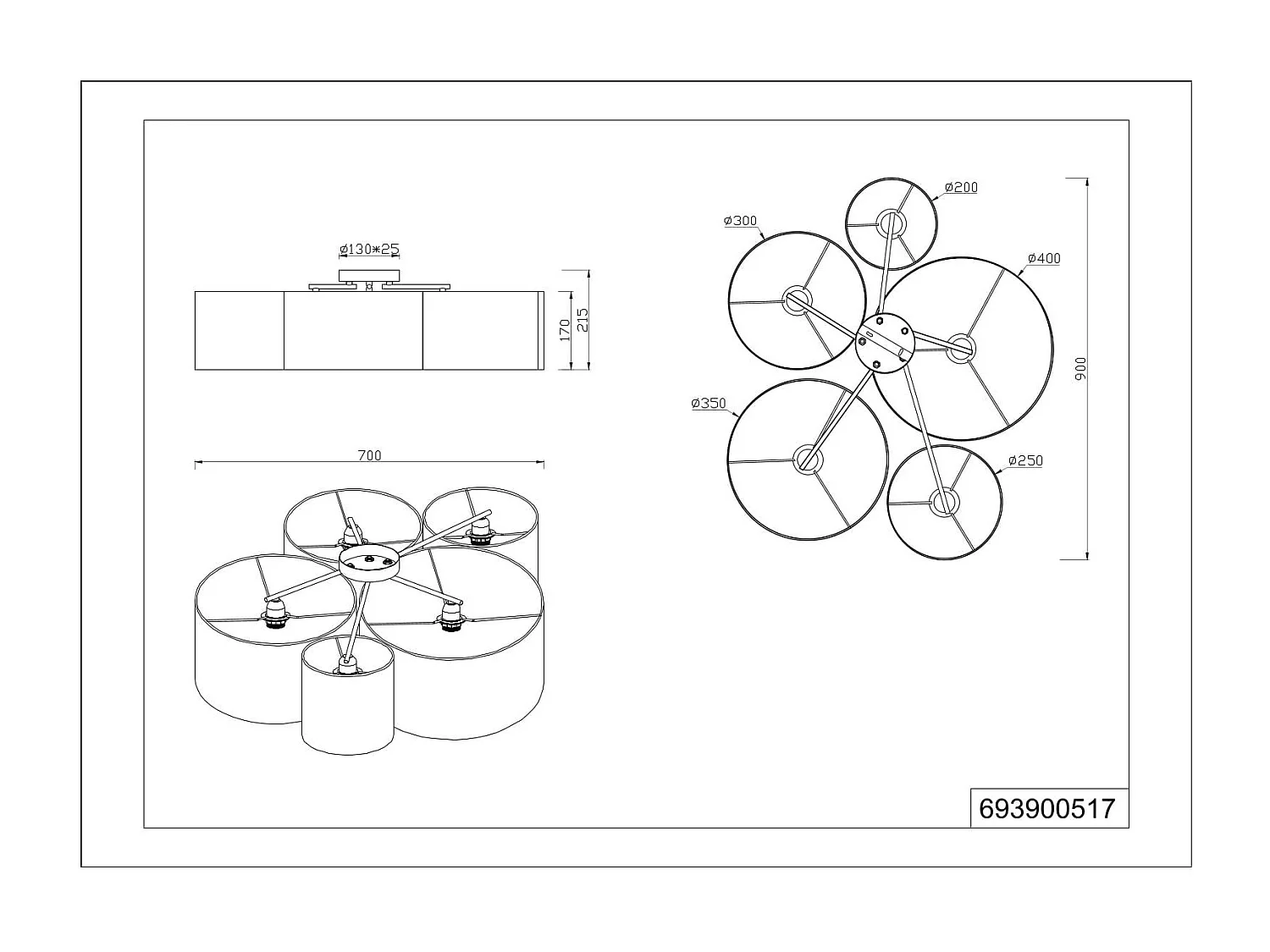 Plafoniera multi-cilindri, tessuto, multcolor, 90x70 cm, Hotel