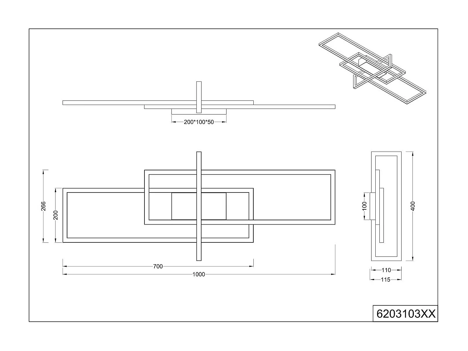 Plafoniera LED triplo rettangolo, metallo, bianco, L 100 cm, Salinas