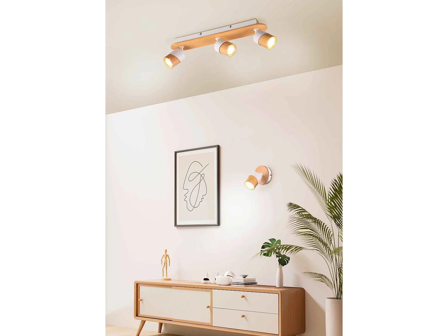 Barra 3 faretti orientabili. metallo, bianco e naturale, L 48 cm, Aruni