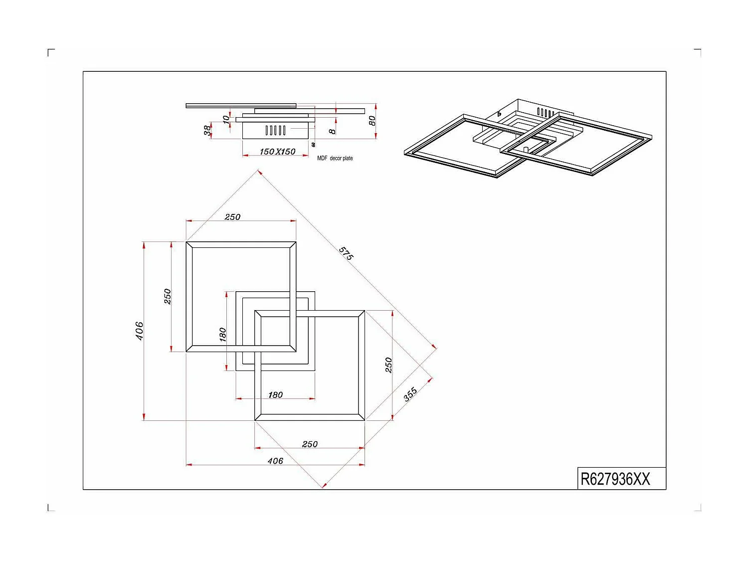 Plafoniera LED doppio quadrato, metallo, nero, L 58 cm, Giro
