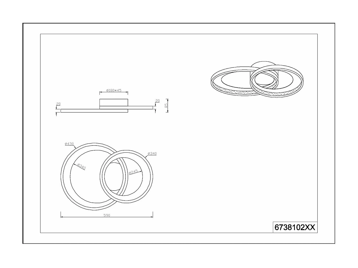 Plafoniera LED doppio cerchio, metallo, bianco, L 59 cm, Granada