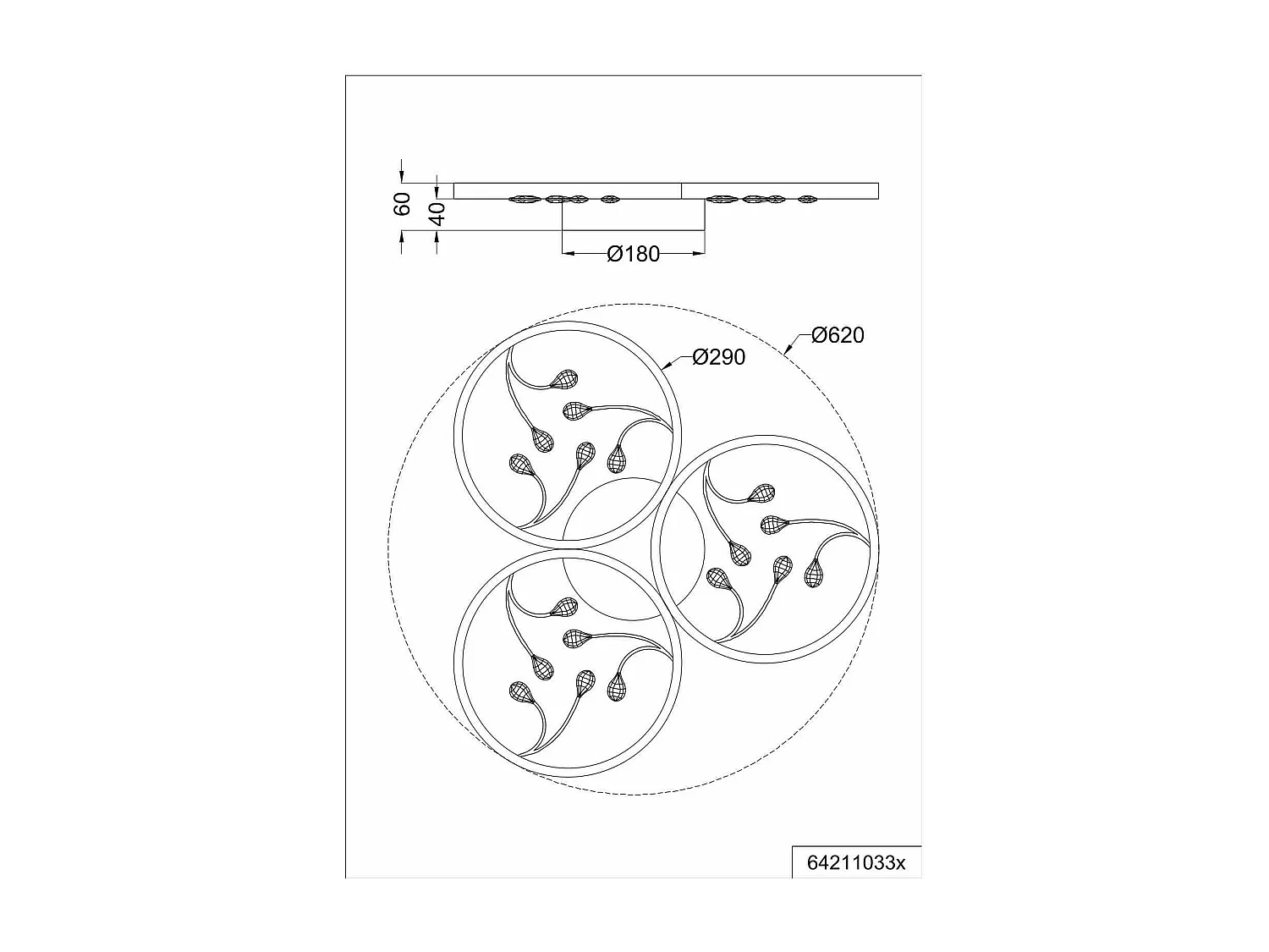 Plafoniera LED 3 cerchi con decori, matallo, nero, D 62 cm, Groovy
