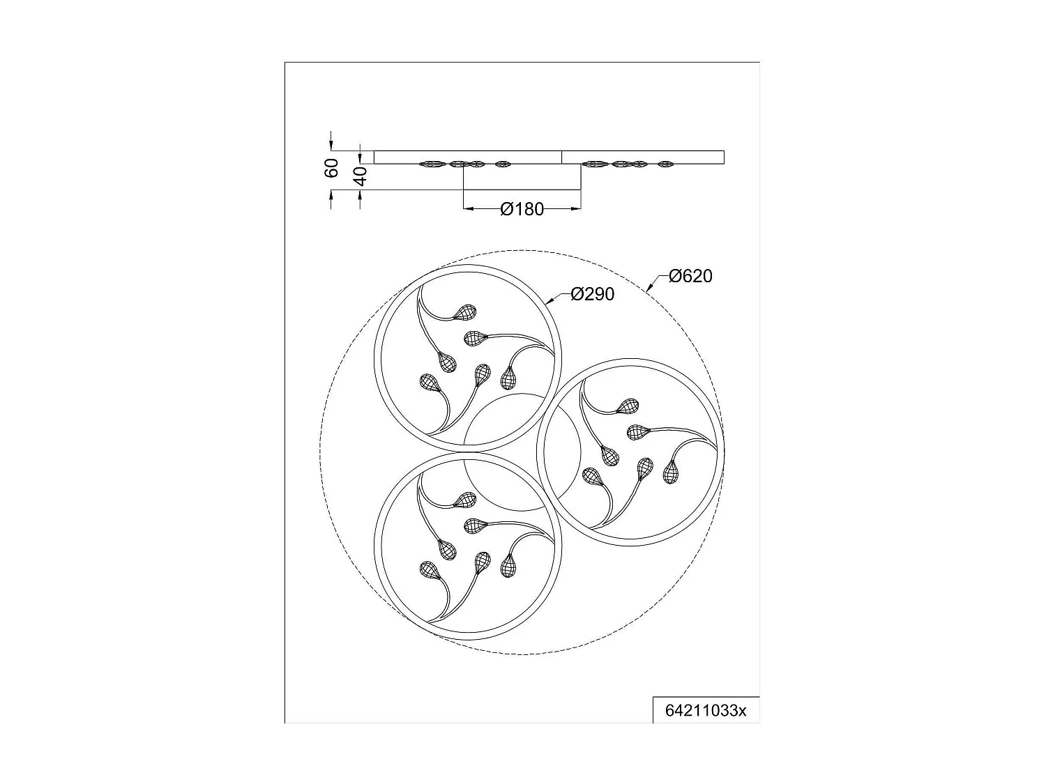 Plafoniera LED 3 cerchi con decori, matallo, bianco, D 62 cm, Groovy