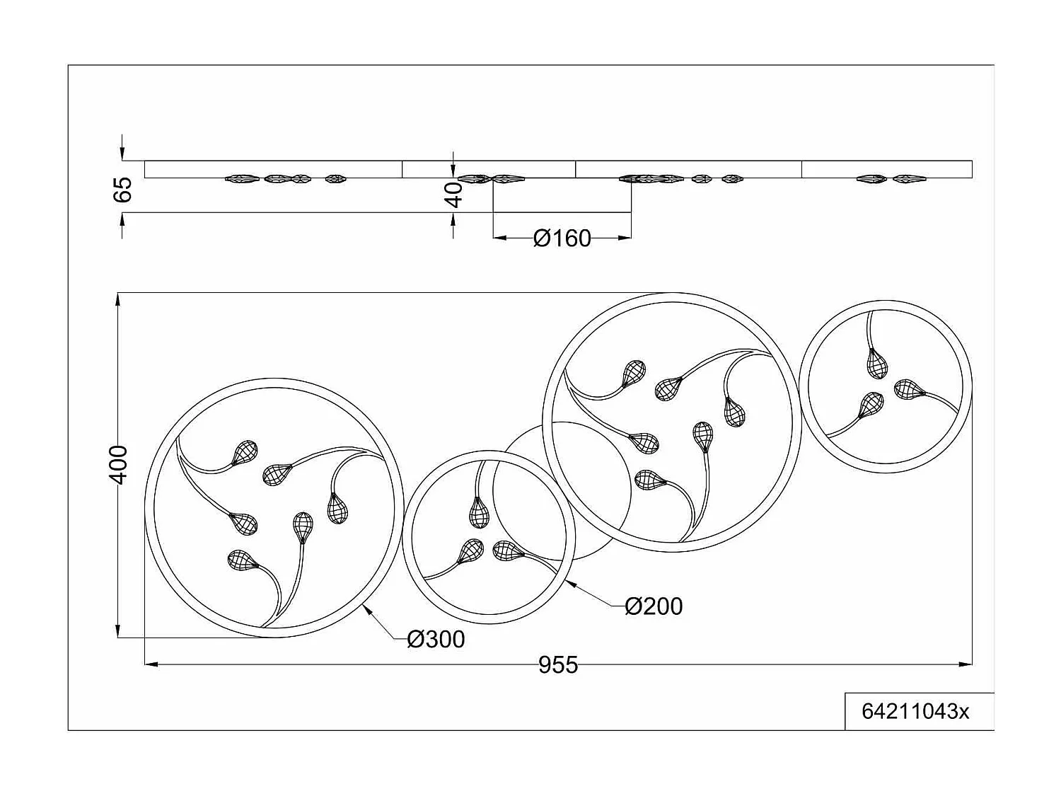 Plafoniera LED 4 cerchi con decori, matallo, nero, L 96 cm, Groovy