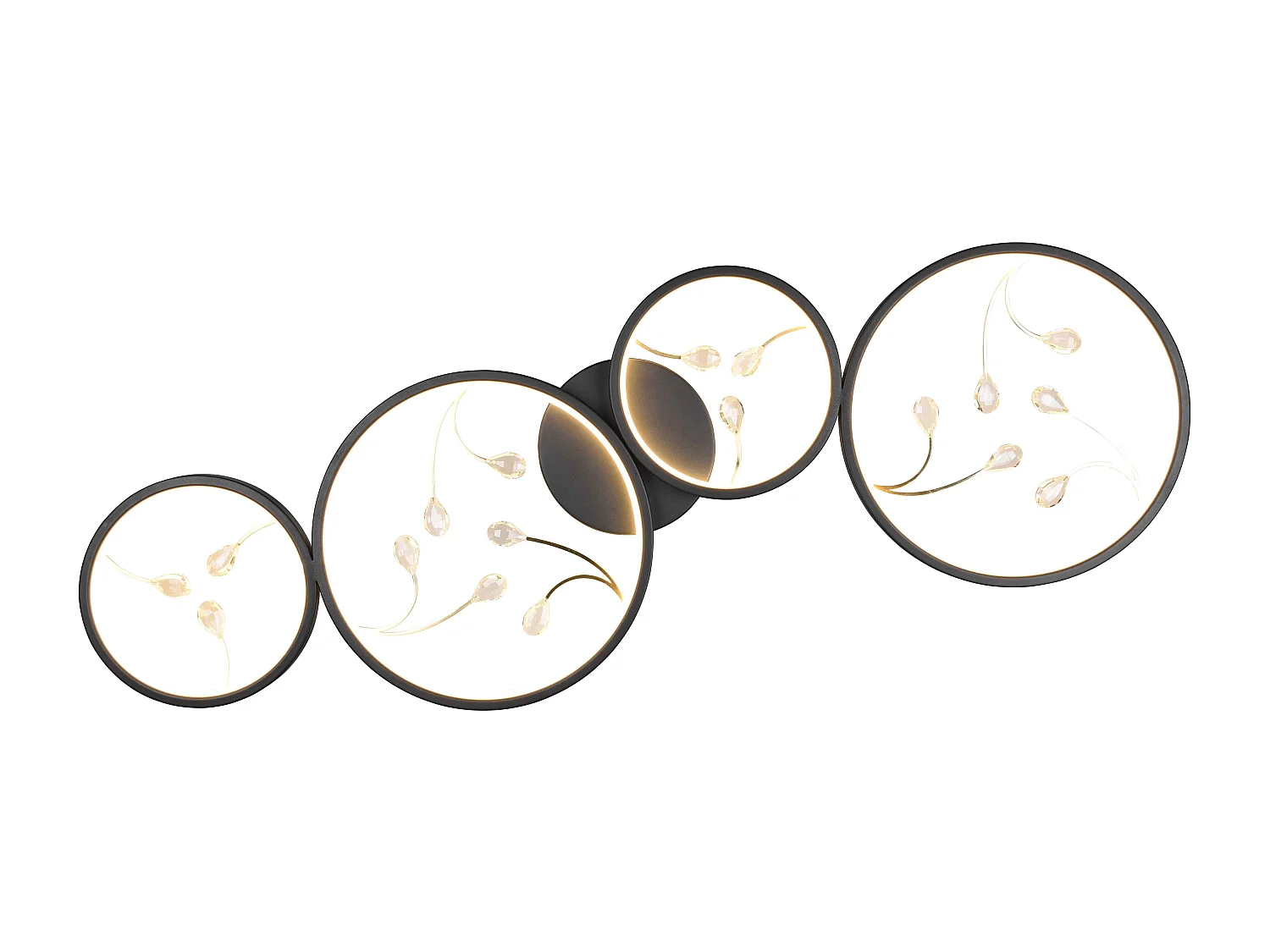 Plafoniera LED 4 cerchi con decori, matallo, nero, L 96 cm, Groovy