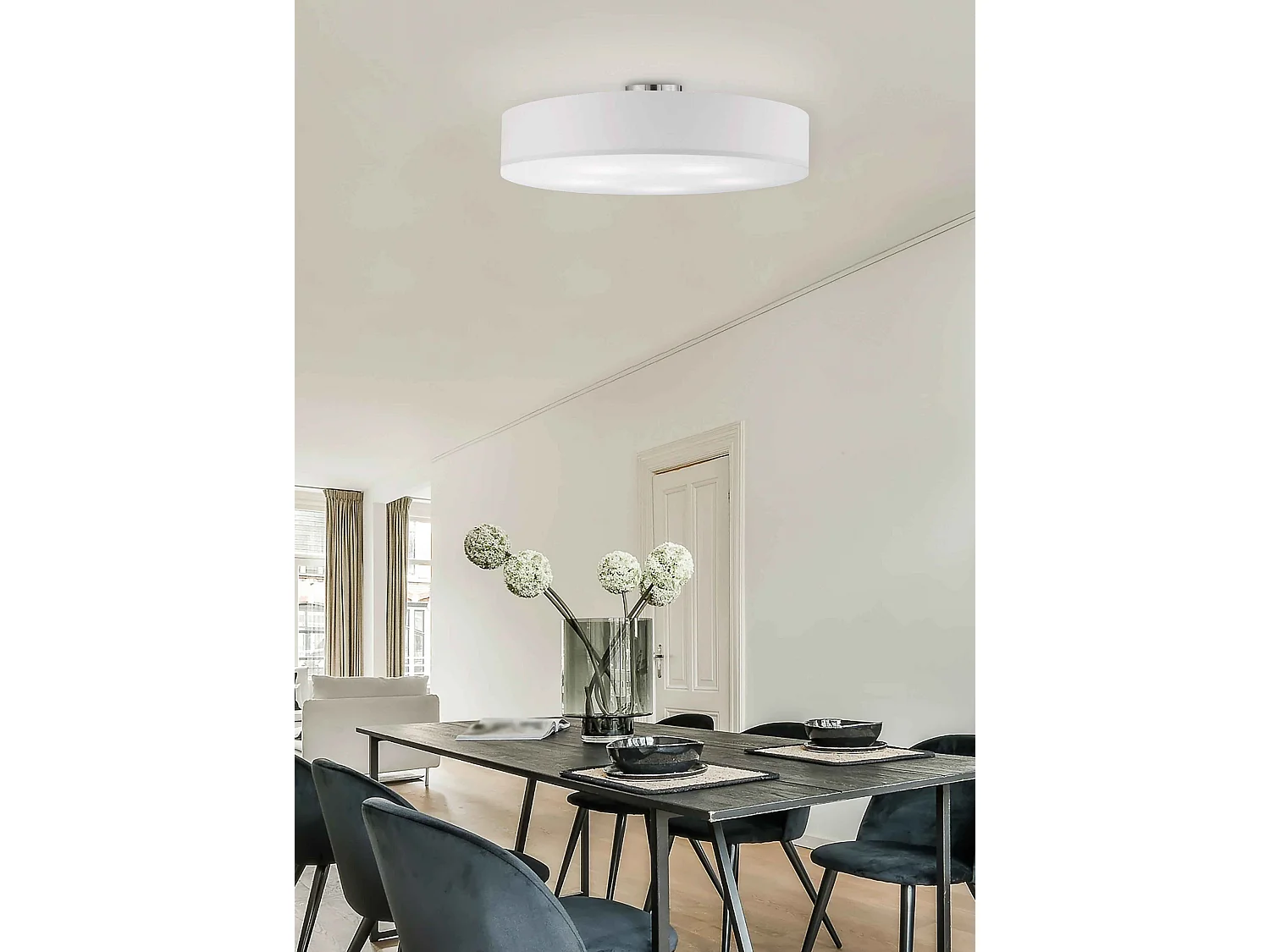 Plafoniera tonda 5 luci, metallo e tessuto, bianco, D 65 cm, Hotel