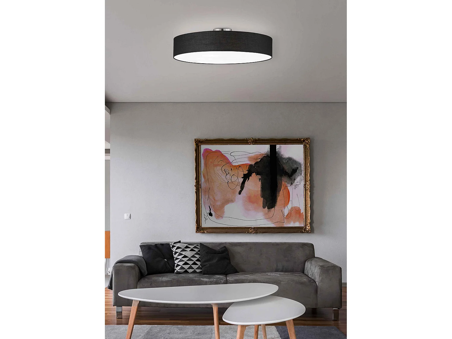 Plafoniera tonda 5 luci, metallo e tessuto, nero, D 65 cm, Hotel