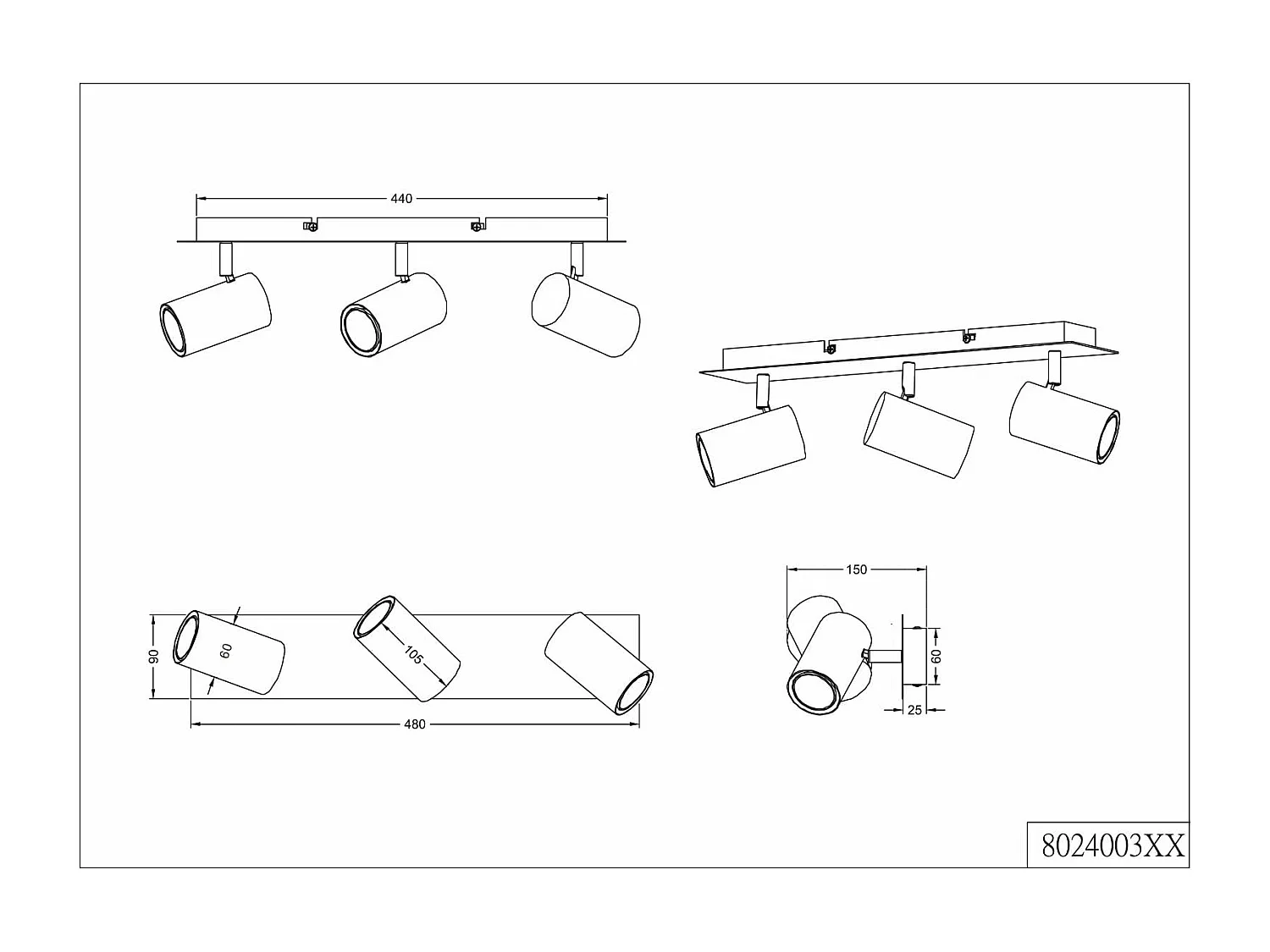 Barra 3 spots cilindro, acciaio, bianco,48 cm, Marley
