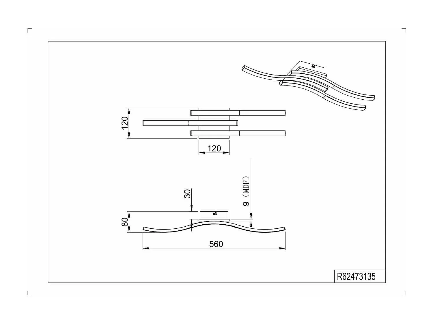 Plafoniera LED 3 bacchette, MDF, antracite, L 56 cm, Route