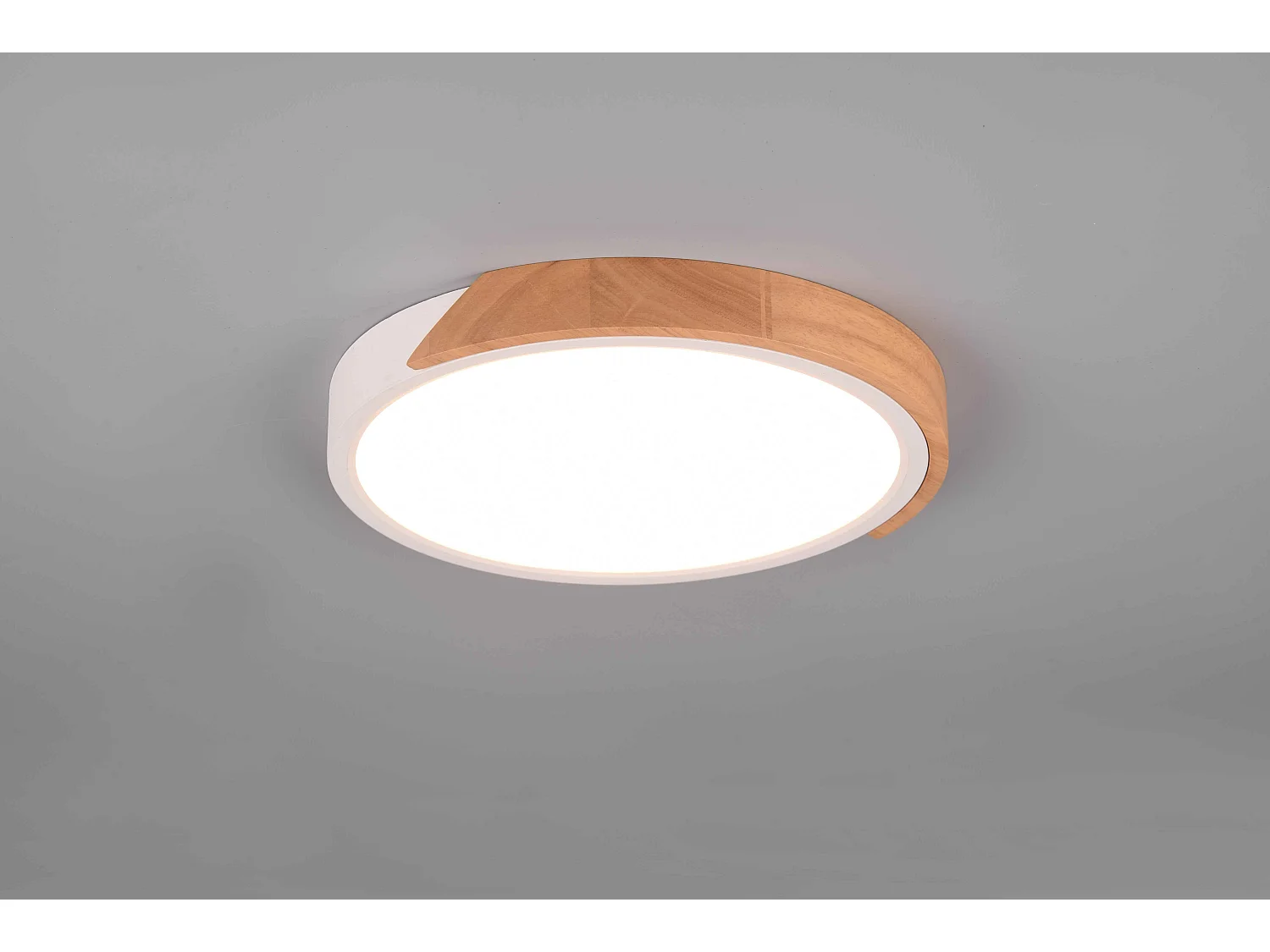 Plafoniera LED rotonda, bordo bianco e legno, D 31 cm, Jano