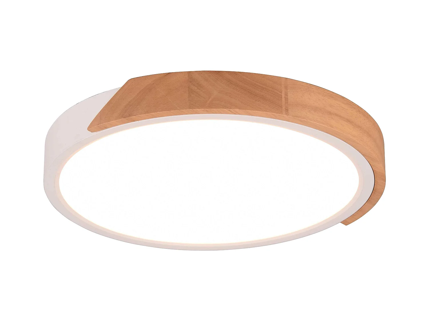 Plafoniera LED rotonda, bordo bianco e legno, D 31 cm, Jano