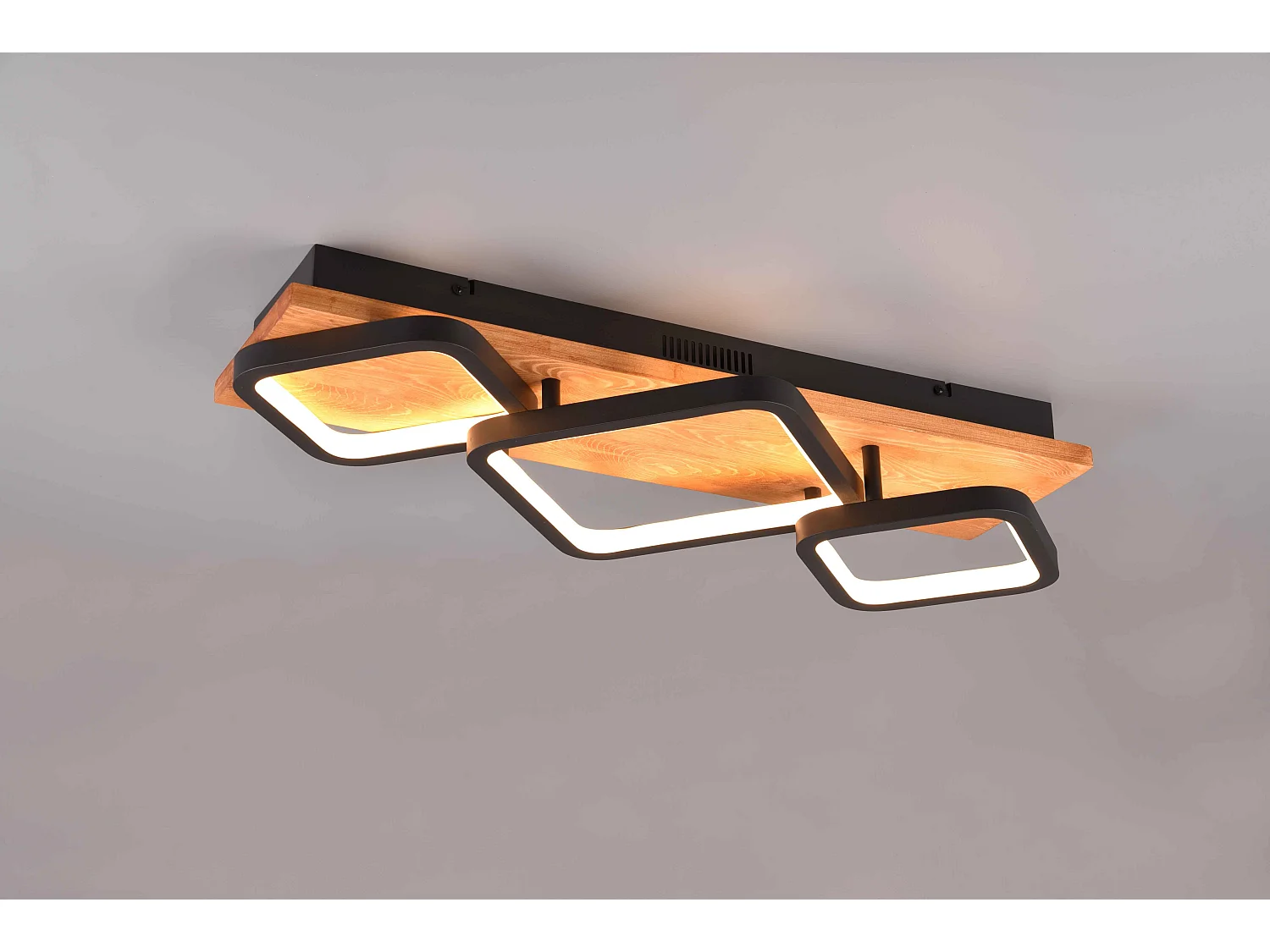 Plafoniera LED 3 quadrati, base in legno, nero, L 67 cm, Rama