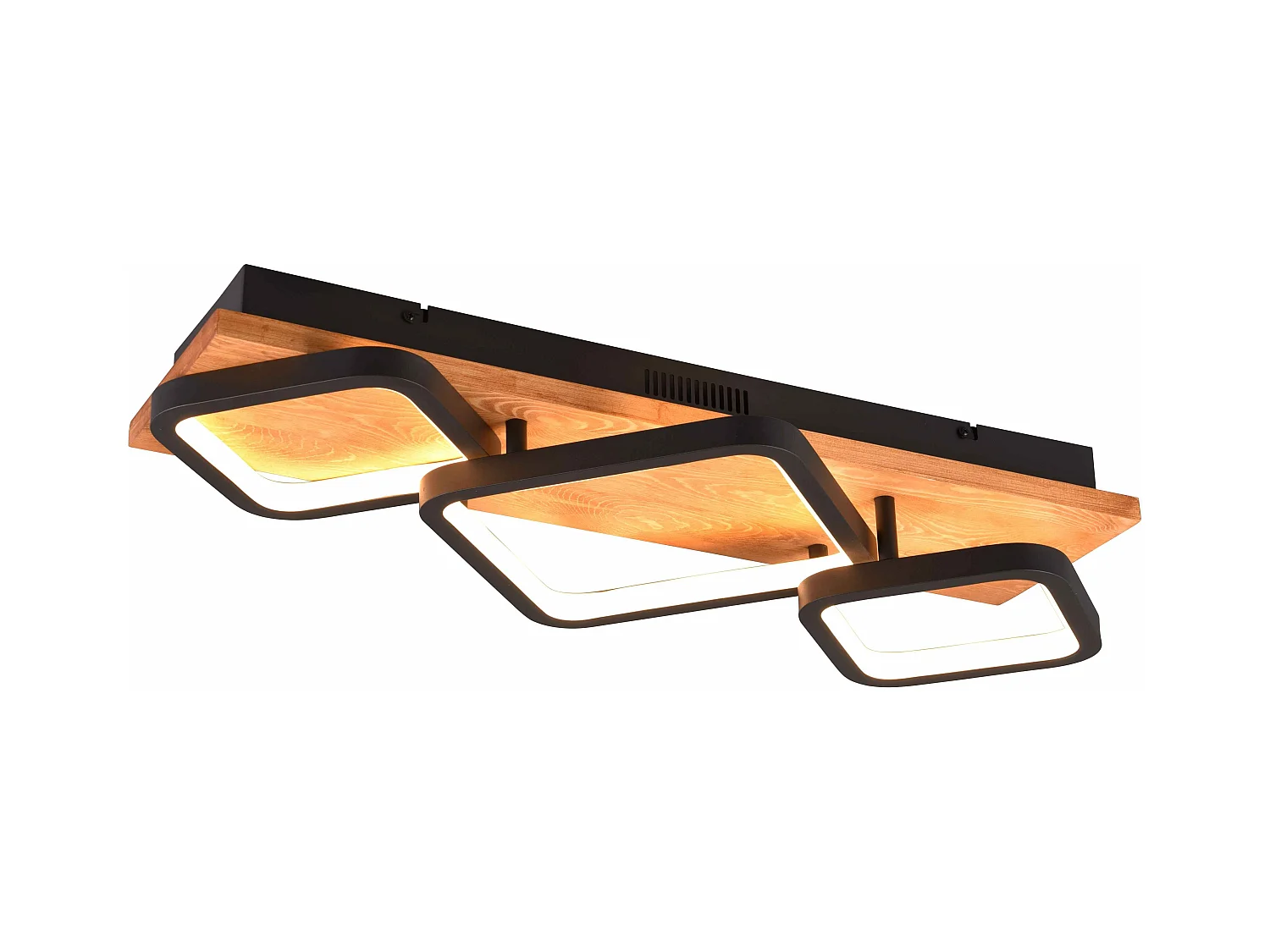 Plafoniera LED 3 quadrati, base in legno, nero, L 67 cm, Rama
