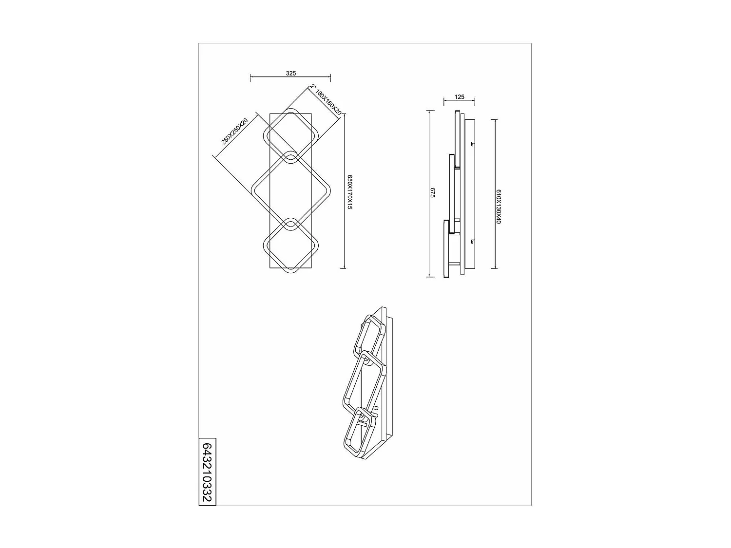 Plafoniera LED 3 quadrati, base in legno, nero, L 67 cm, Rama