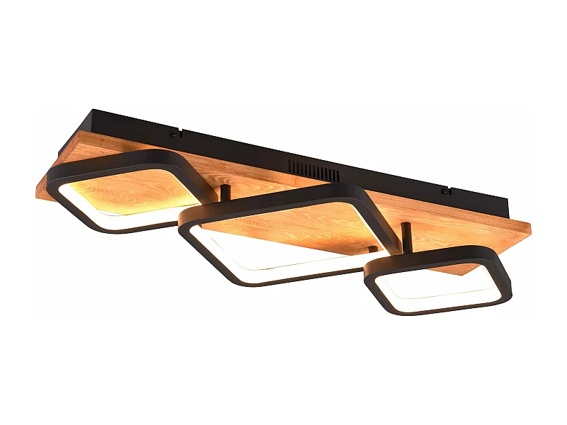 Plafoniera LED 3 quadrati, base in legno, nero, L 67 cm, Rama