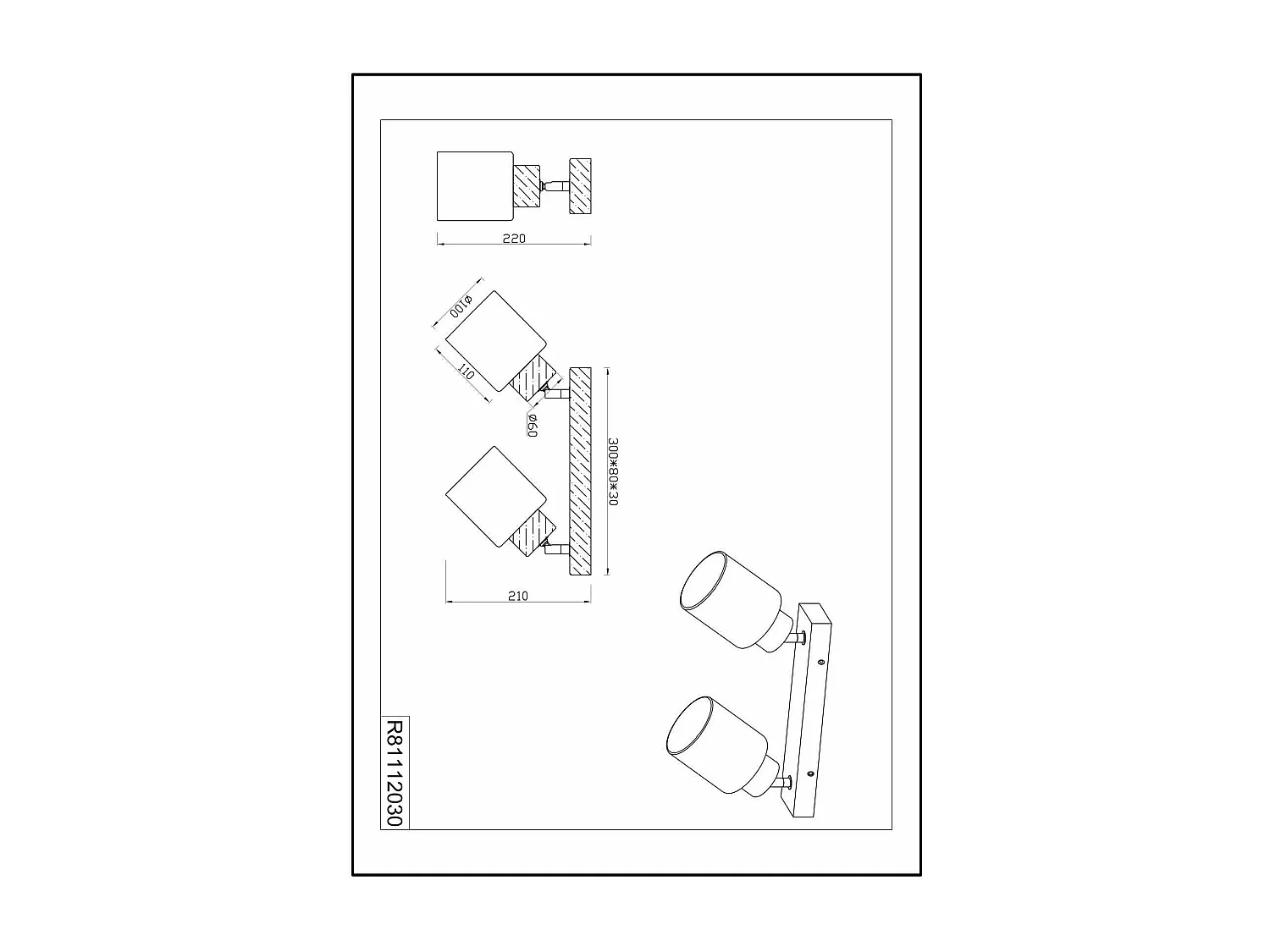 Barra 2 faretti, legno e vetri bianchi, L 30 cm, Assam
