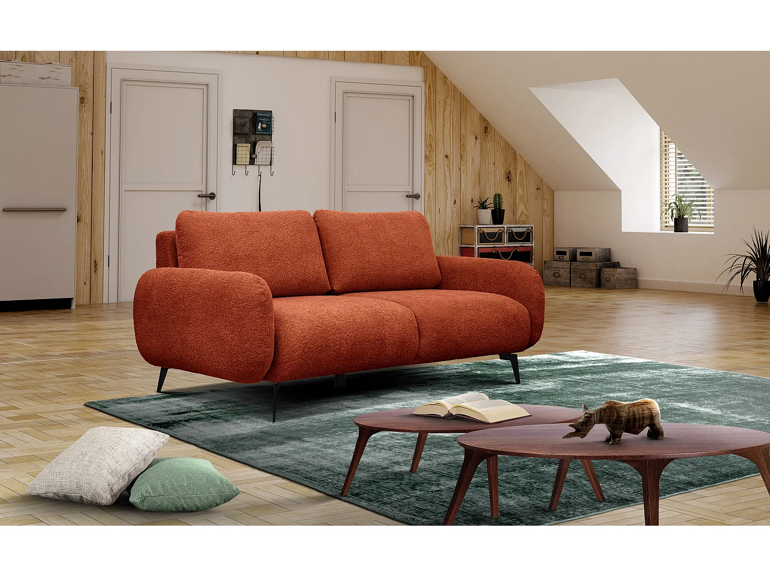 Canapé droit 3 places tissu orange foncé  - FEBE