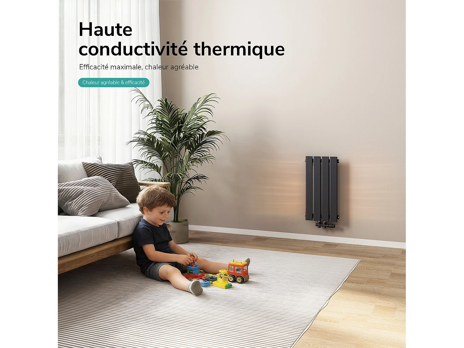 EMKE Zentralheizkörper 60 × 30 cm, 210 W, schmaler vertikaler Warmwasserheizkörper aus schwarzem Stahl