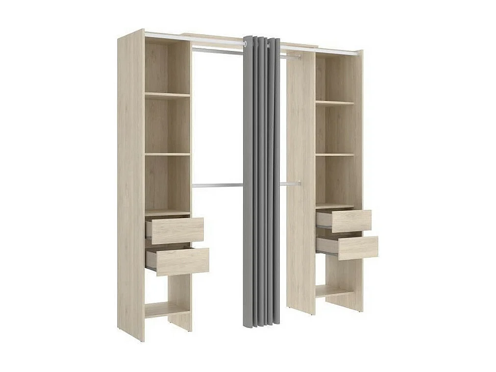 Vestidor extensible con cortina + 4 cajones - Decoración roble natural 180-113 x 50 x Alto 205 cm